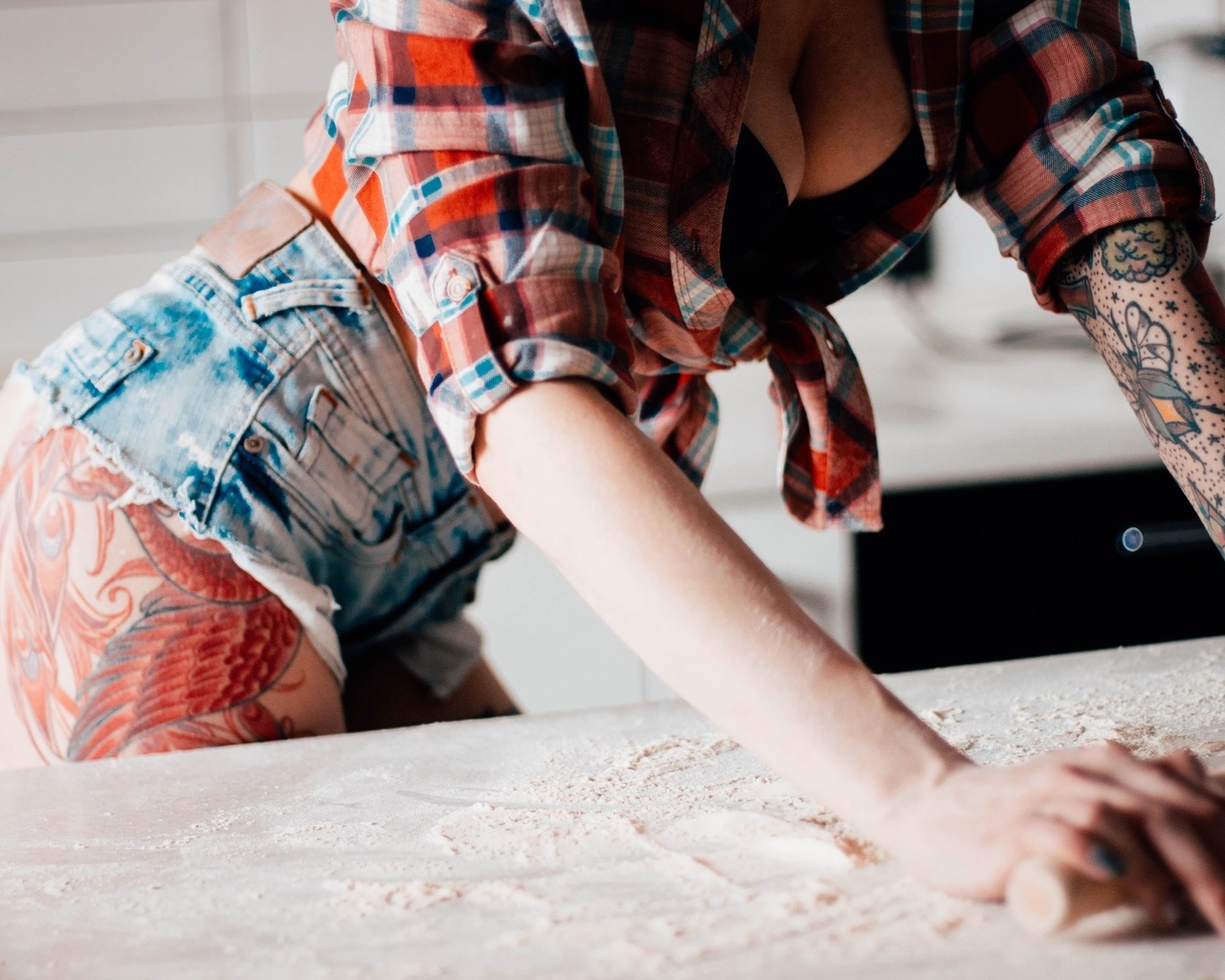 aliona awa, women, ass, jean shorts, shirt, tattoo, black bras, flour, boobs, kitchen, depth of field, , , , , , , ,  , ,  , , , , 