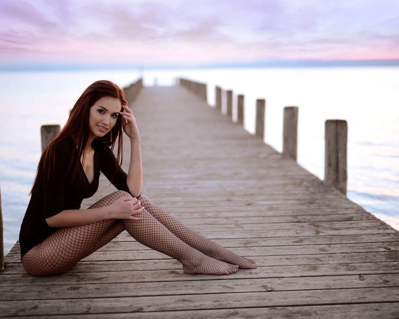 women, sitting, pier, women outdoors, fishnet stockings, smiling, leotard, , , ,   ,  , , , , , ,   