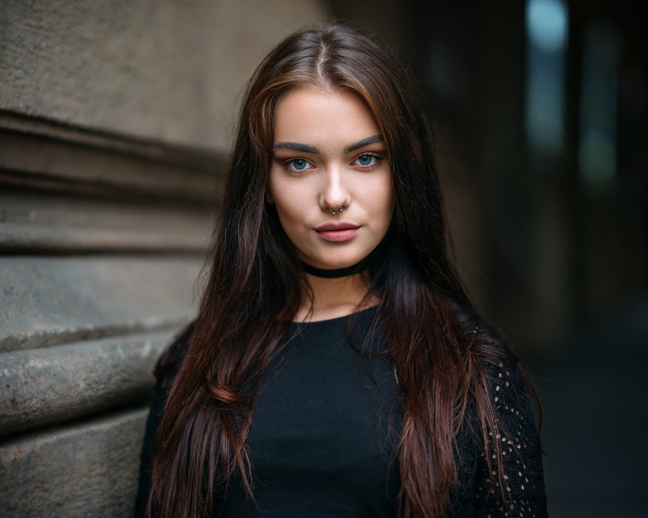 women, face, portrait, choker, nose rings, depth of field, blue eyes,  ,  ,  , , , ,  , , 