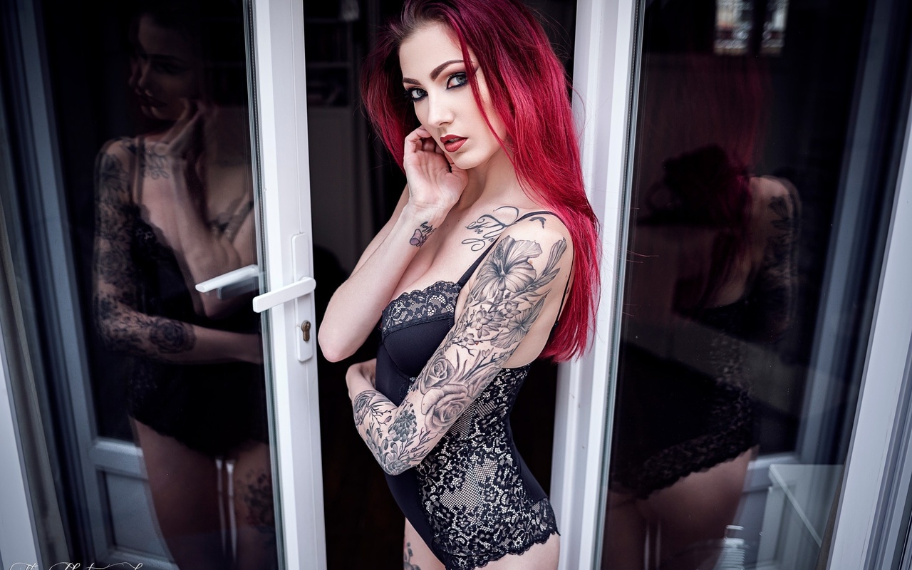 women, black lingerie, tattoo, reflection, portrait, dyed hair, ,  , , , ,  , , 