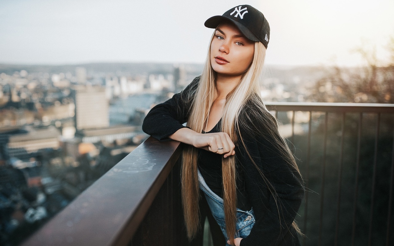 women, blonde, portrait, women outdoors, long hair, baseball caps, depth of field, overalls, balcony, , , , , ,   ,   ,  , 