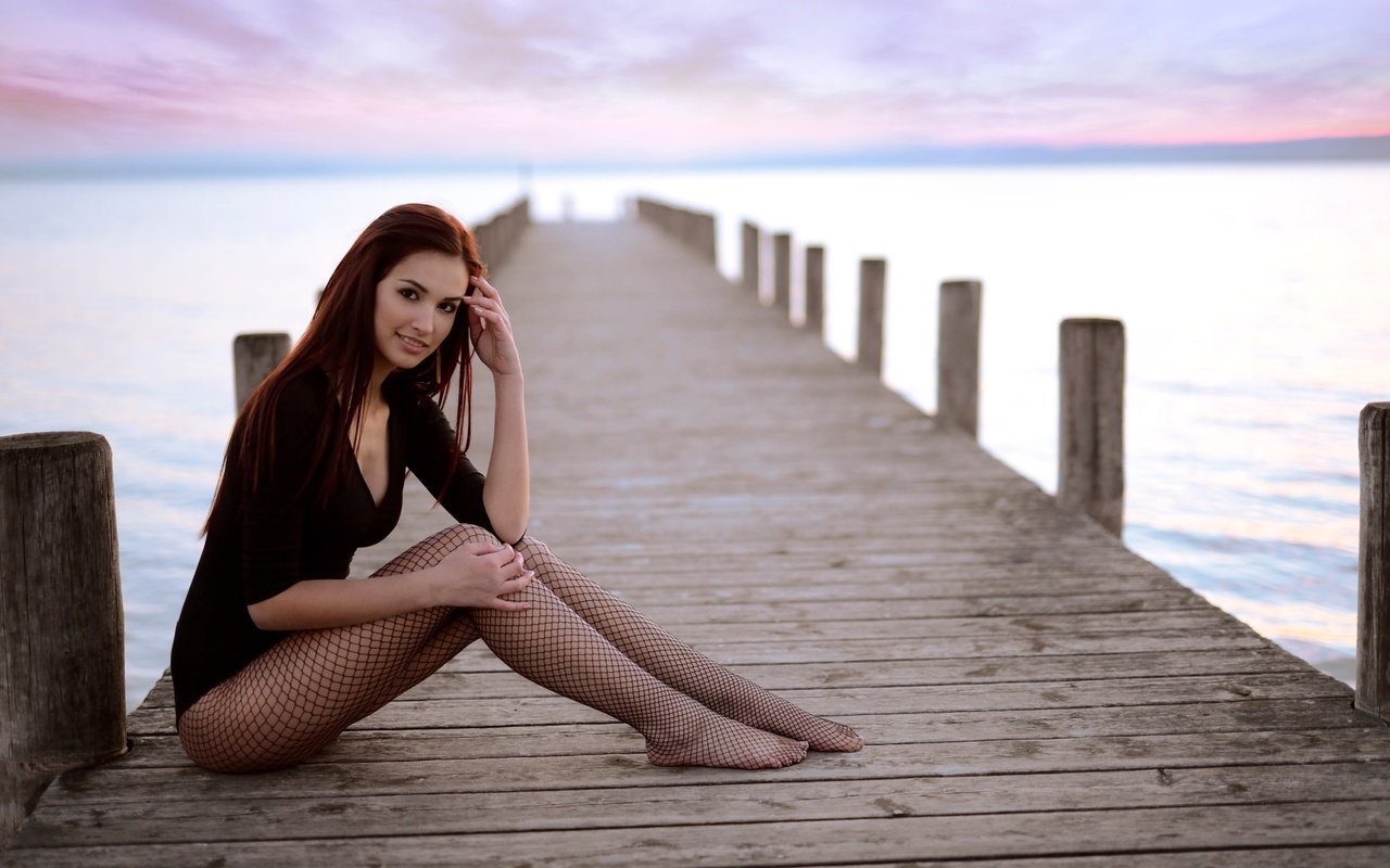 women, sitting, pier, women outdoors, fishnet stockings, smiling, leotard, , , ,   ,  , , , , , ,   