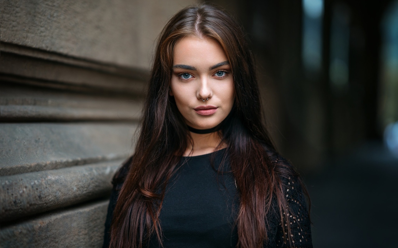 women, face, portrait, choker, nose rings, depth of field, blue eyes,  ,  ,  , , , ,  , , 