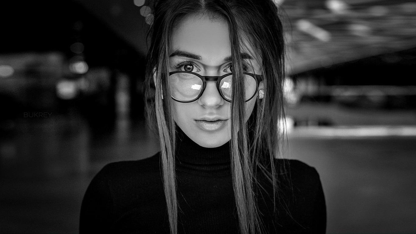 daria kudiolko, women, portrait, face, depth of field, glasses, women with glasses, monochrome, , , , ,   , -