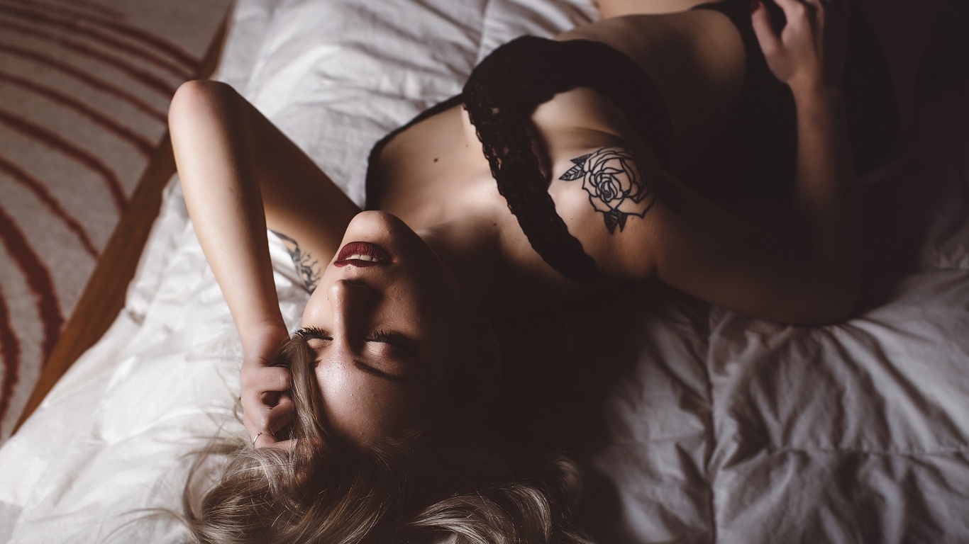 women, closed eyes, tattoo, tanned, in bed, black lingerie, ,  , , ,  ,  