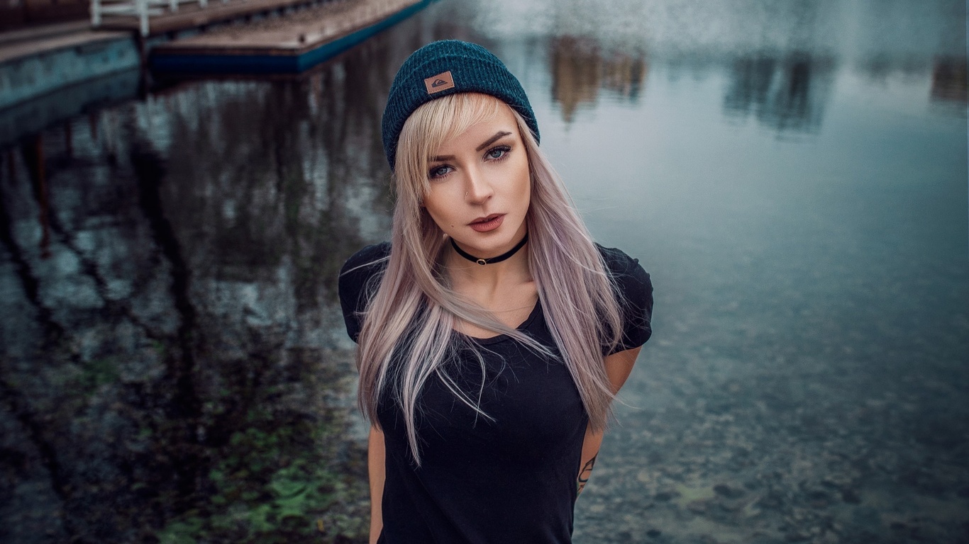 women, portrait, choker, dyed hair, tattoo, water, women outdoors, , , , ,  , , ,   