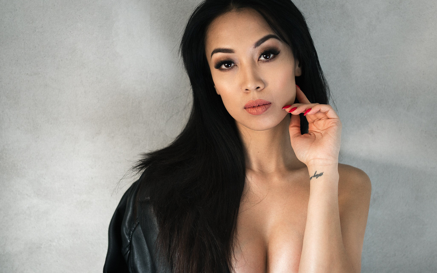 women, portrait, black hair, boobs, tattoo, red nails, leather jackets, , ,  , , ,  