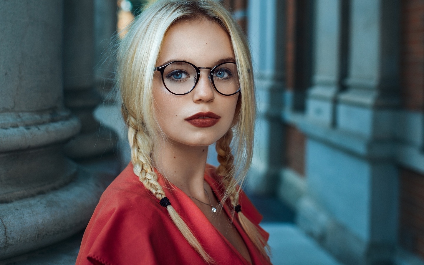 women, pigtails, blonde, face, portrait, glasses, blue eyes, necklace, depth of field, , ,  , , , , , 