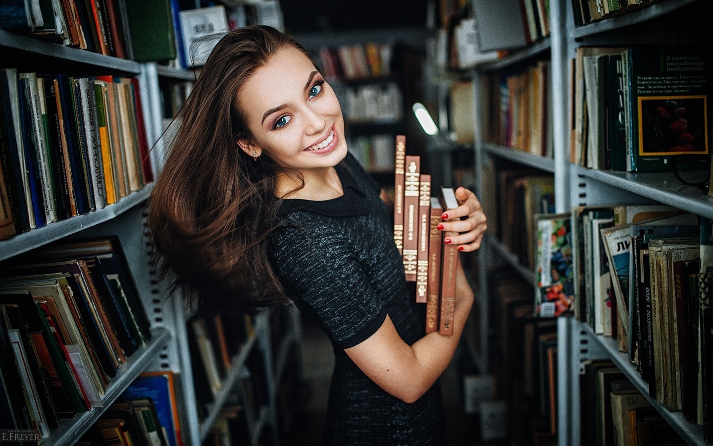 women, evgeny freyer, smiling, books, portrait, , , , 