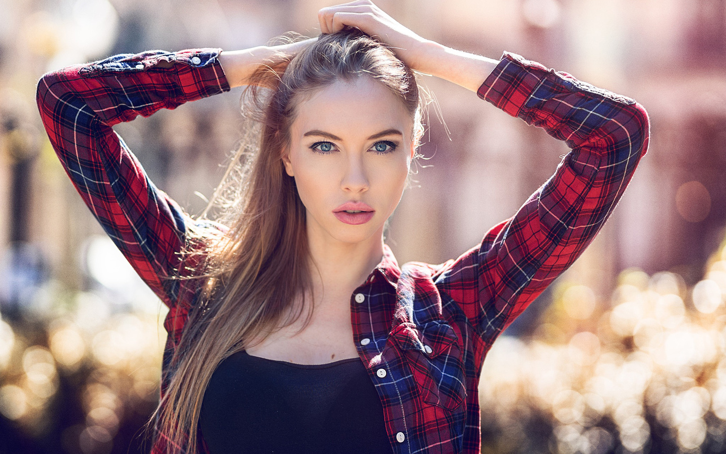 women, blonde, shirt, depth of field, portrait, hands on head, , , , ,   