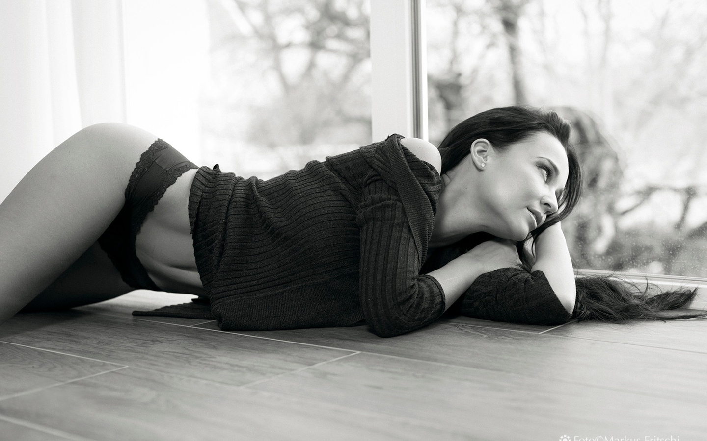 angelina petrova, women, model, on the floor, belly, panties, monochrome, looking away,  , , ,  , , , -,   