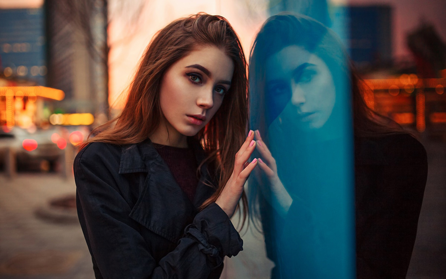 women, ksenia kokoreva, xenia kokoreva, portrait, glass, reflection, depth of field, women outdoors, , , ,  , , , ,   