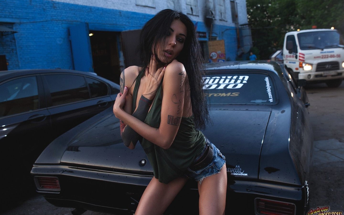 keri devilish, women, tanned, jean shorts, car, women outdoors, tattoo, arms crossed, ,  , ,   , ,  