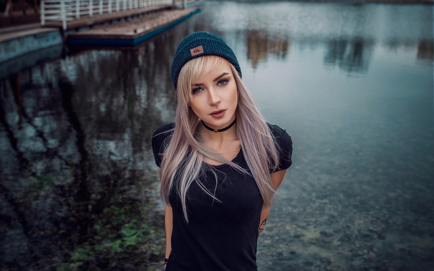 women, portrait, choker, dyed hair, tattoo, water, women outdoors, , , , ,  , , ,   