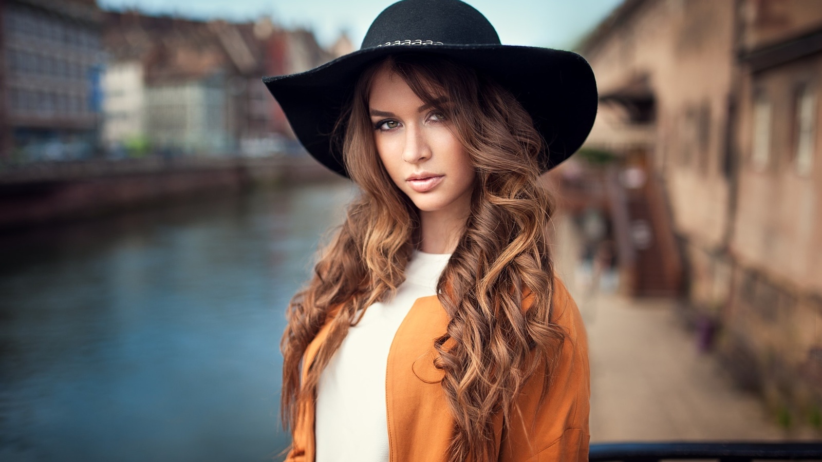 women, river, hat, portrait, depth of field, , , , , ,   