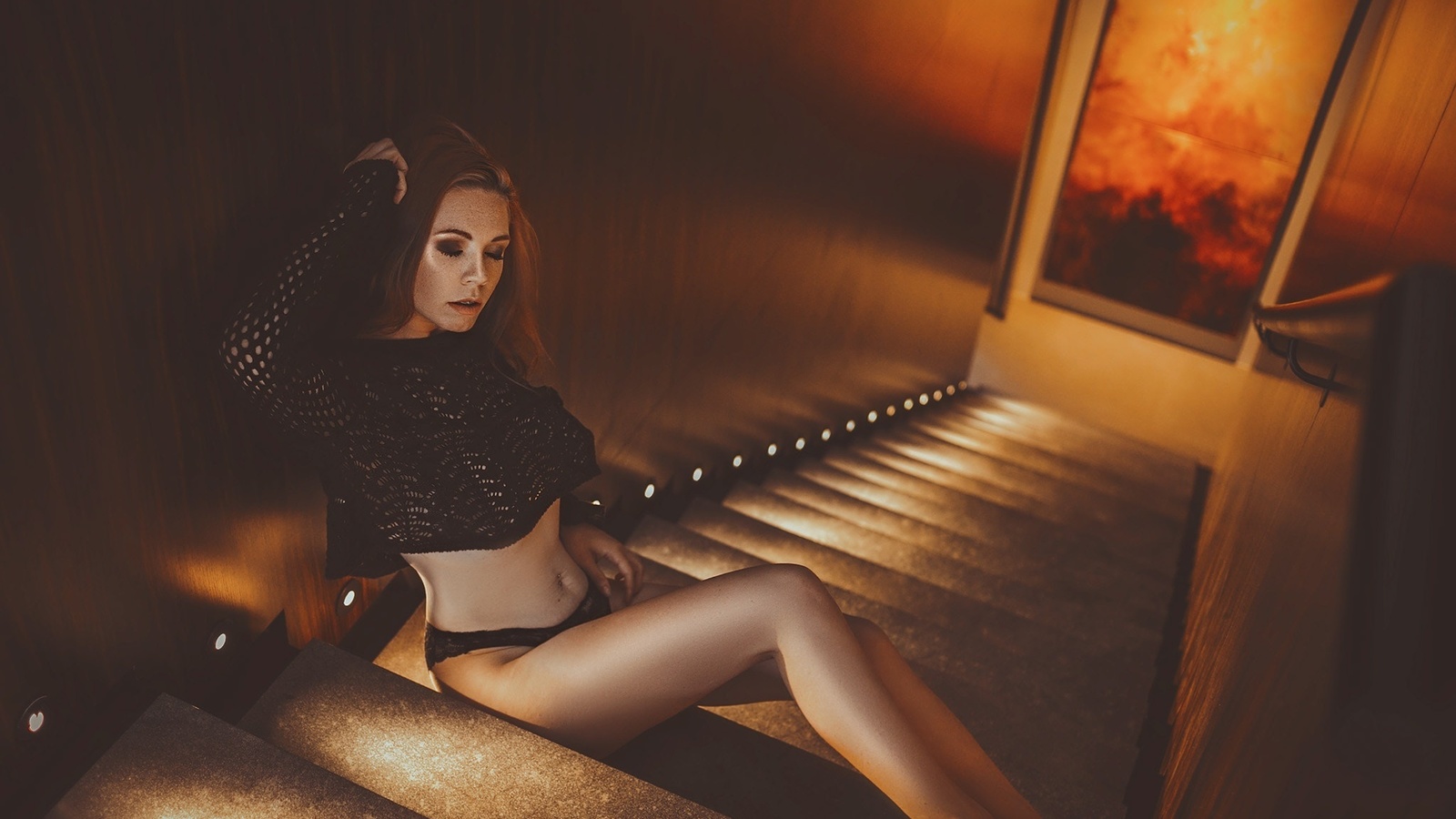 women, sitting, stairs, belly, closed eyes, black panties, brunette, , , , ,  ,  , 