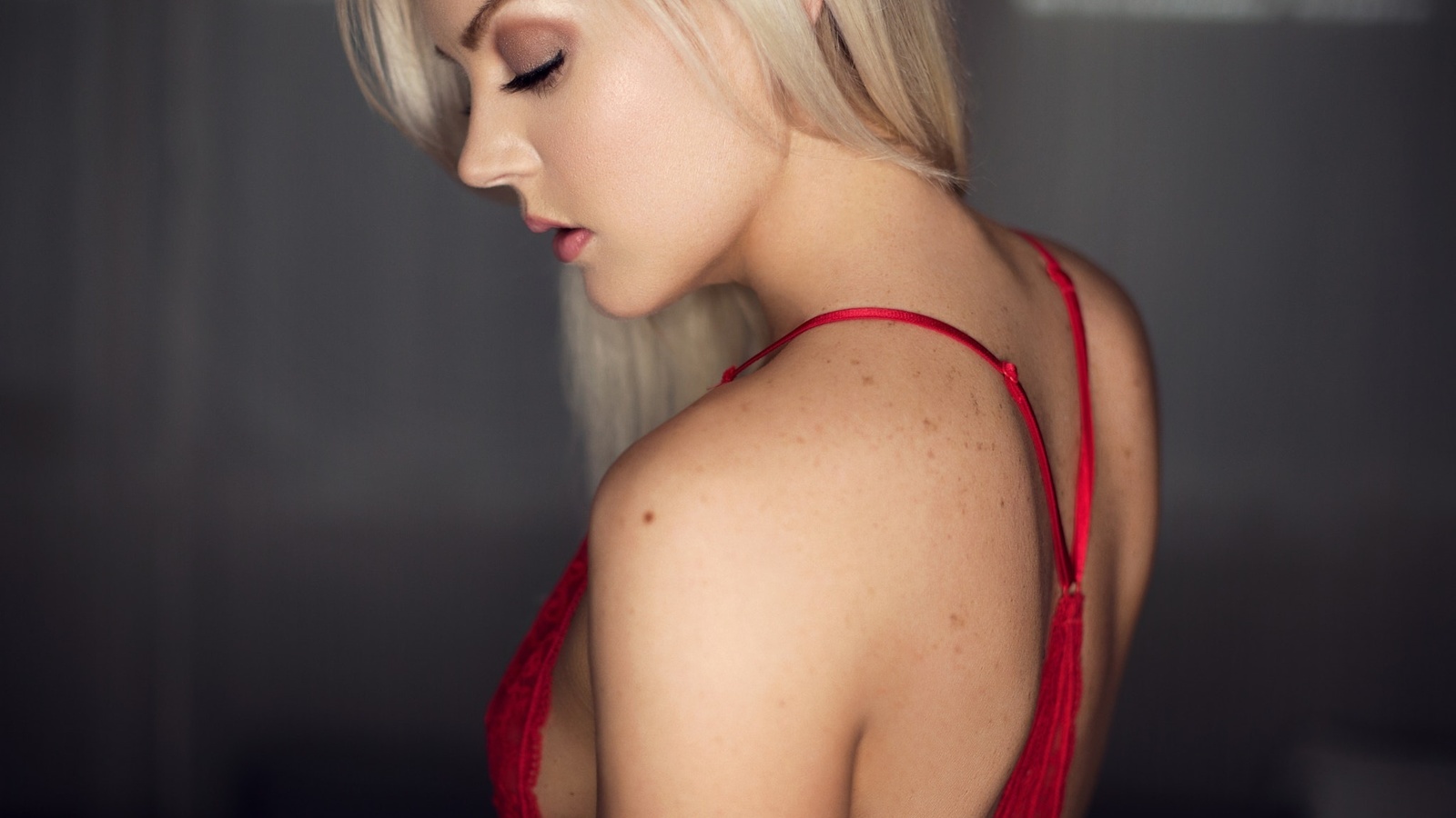 women, blonde, face, portrait, closed eyes, red lingerie, , , , ,  ,  