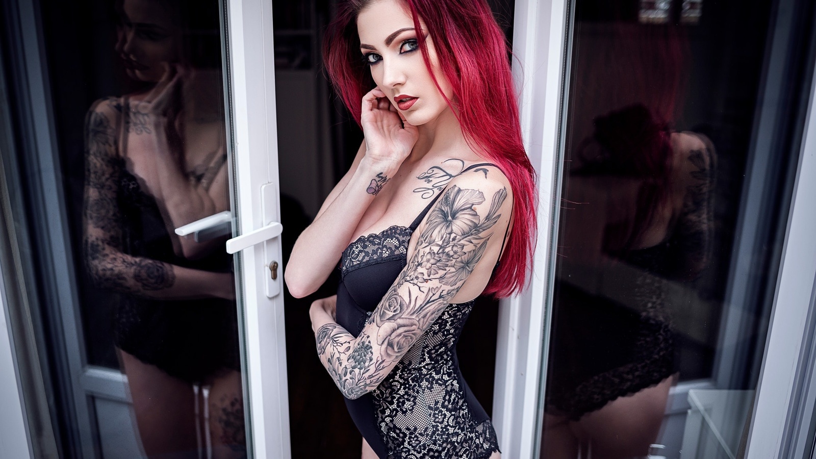 women, black lingerie, tattoo, reflection, portrait, dyed hair, ,  , , , ,  , , 