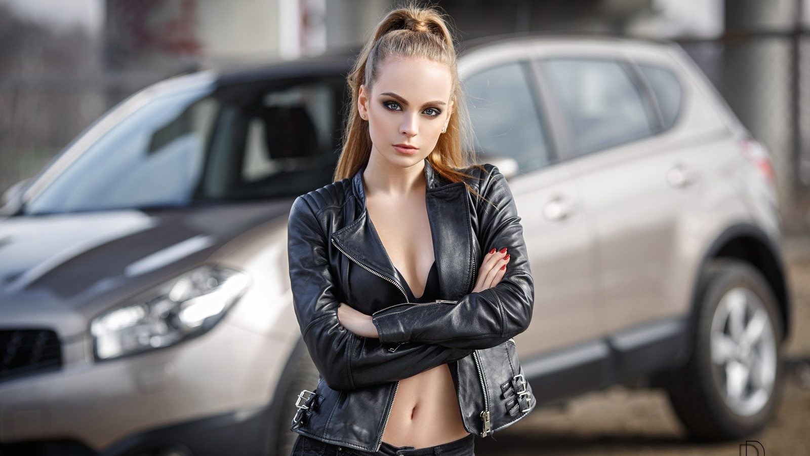 evgenia sokolova, women, blonde, portrait, belly, leather jackets, depth of field, car, arms crossed, black bras, denis petrov, red nails,  , , , , ,  , ,  ,  