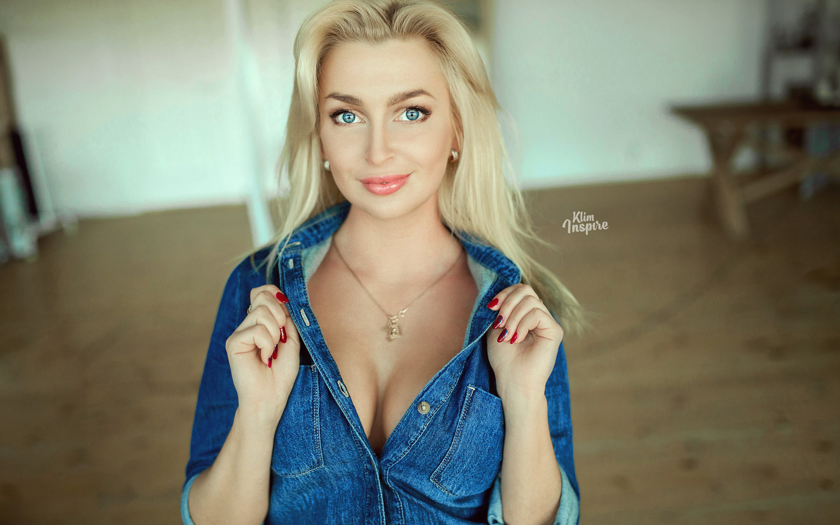 women, blonde, red nails, portrait, smiling, denim shirt, blue eyes, necklace, , , , ,  ,  , 