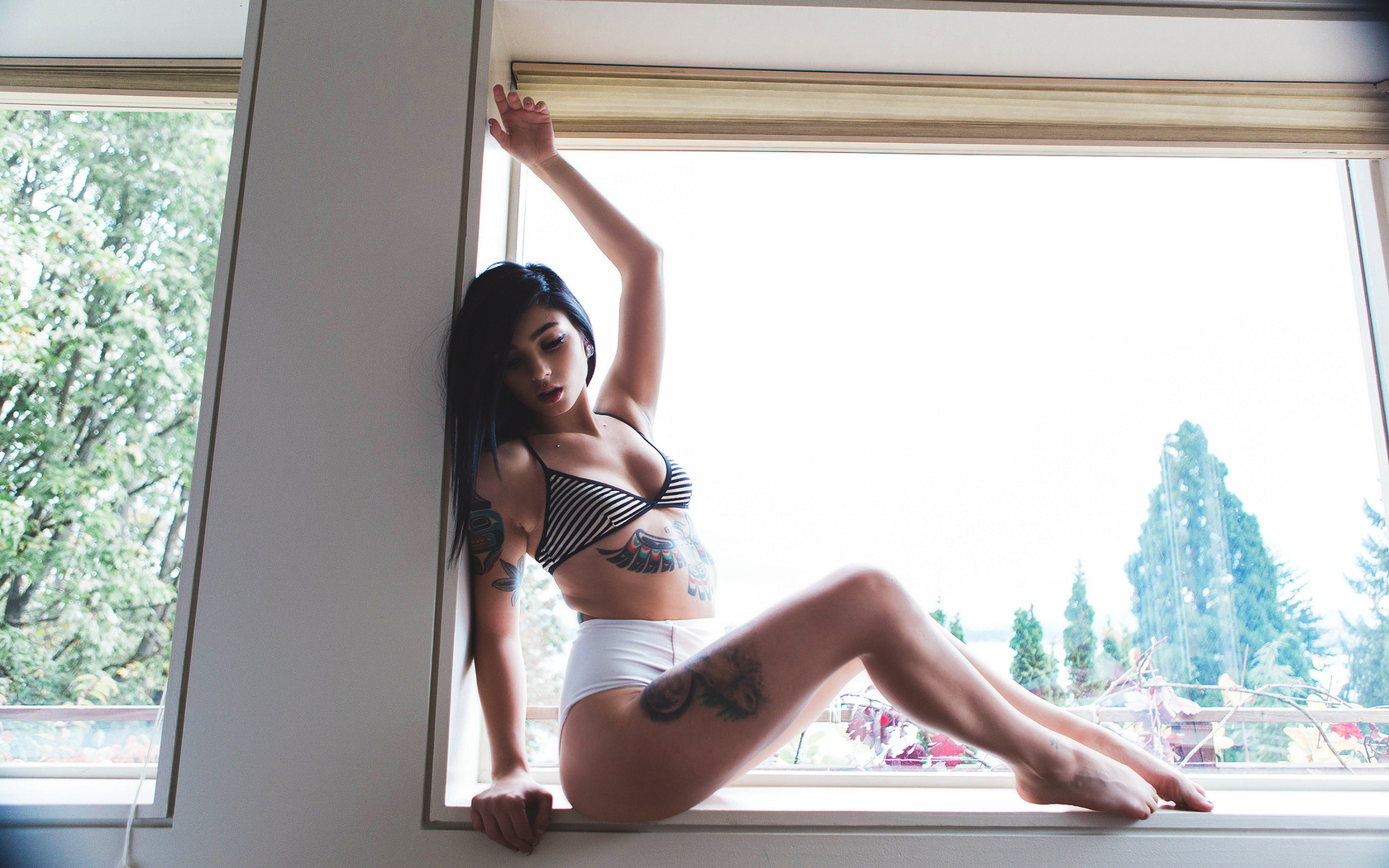 women, window, tattoo, belly, underwear, portrait, tanned, piercing, , , , ,  , , , 