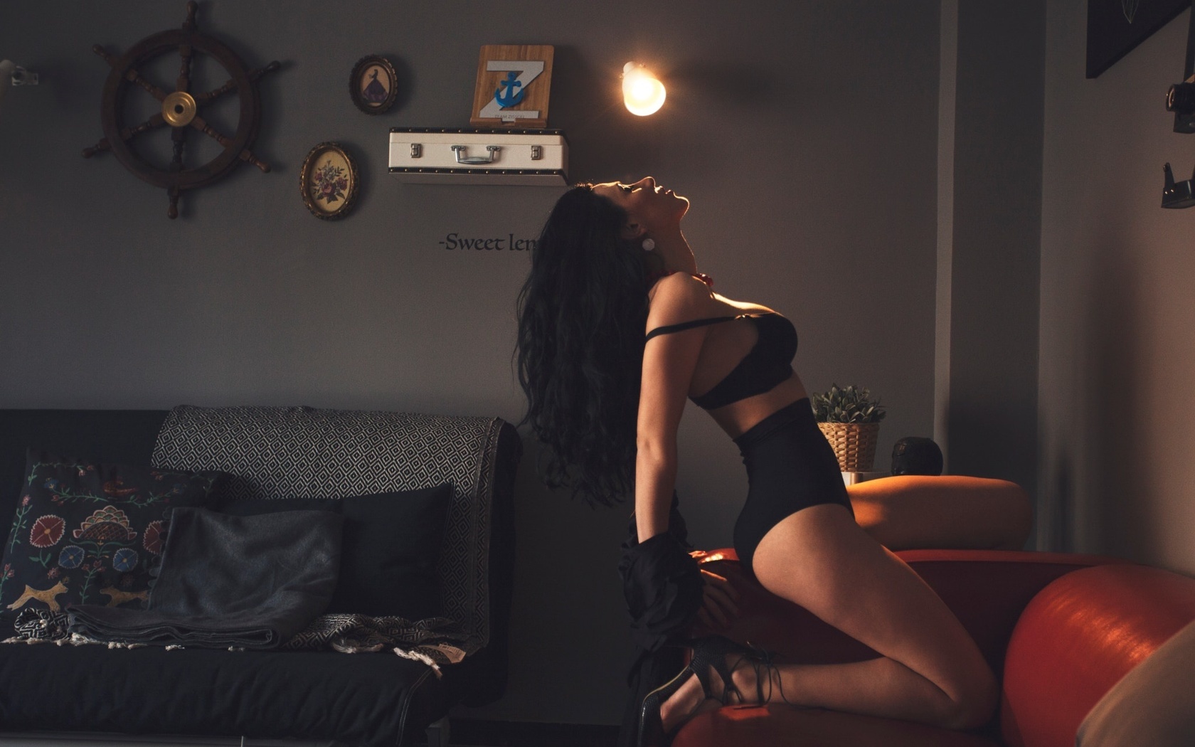 women, tanned, ass, kneeling, couch, closed eyes, portrait, black lingerie, , ,  , ,  , ,  