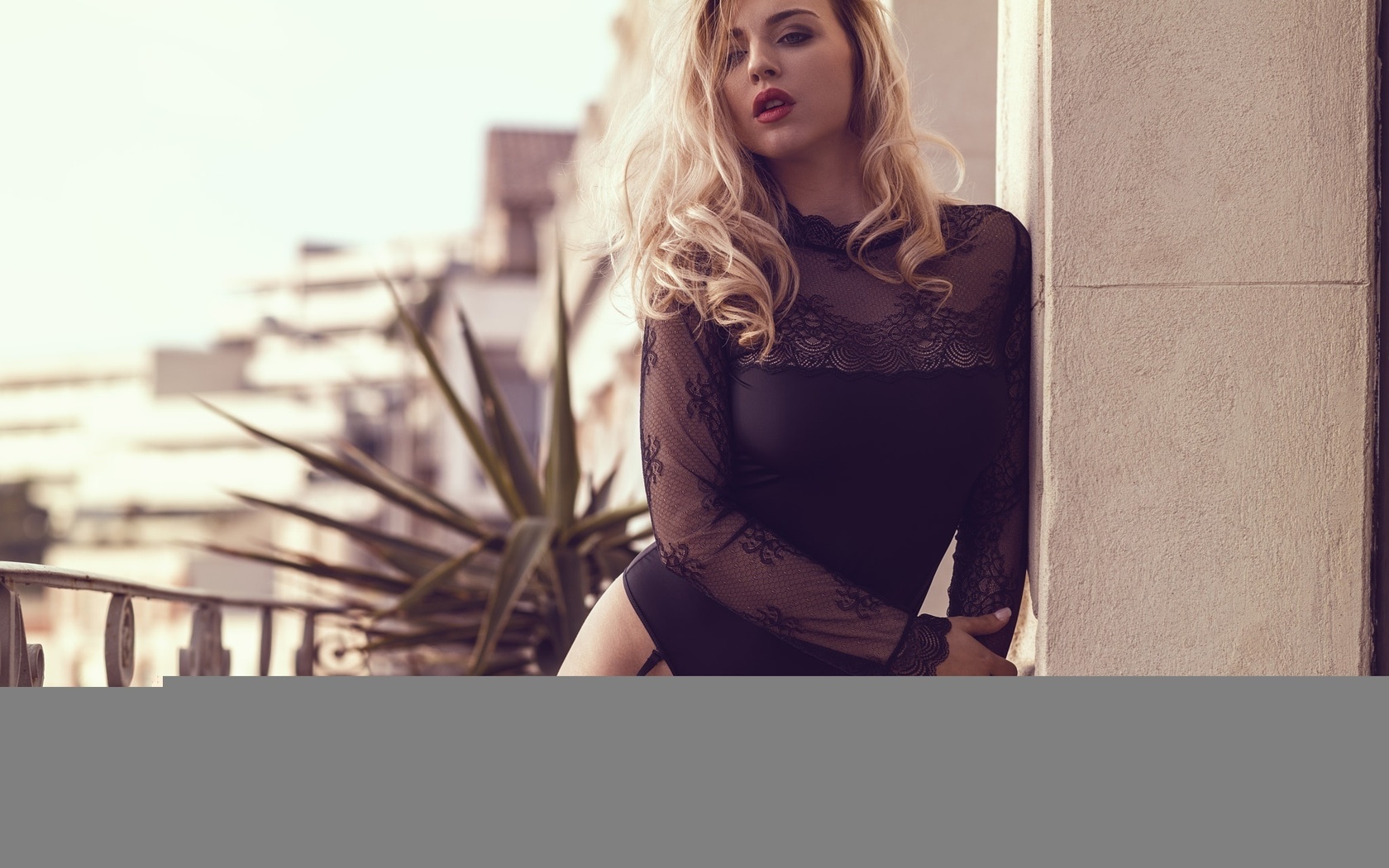 lea benattia, blonde, women, garter belt, tanned, looking away, black lingerie, depth of field, david ben haim, red lipstick, portrait, , , , ,   ,   ,  ,  , 