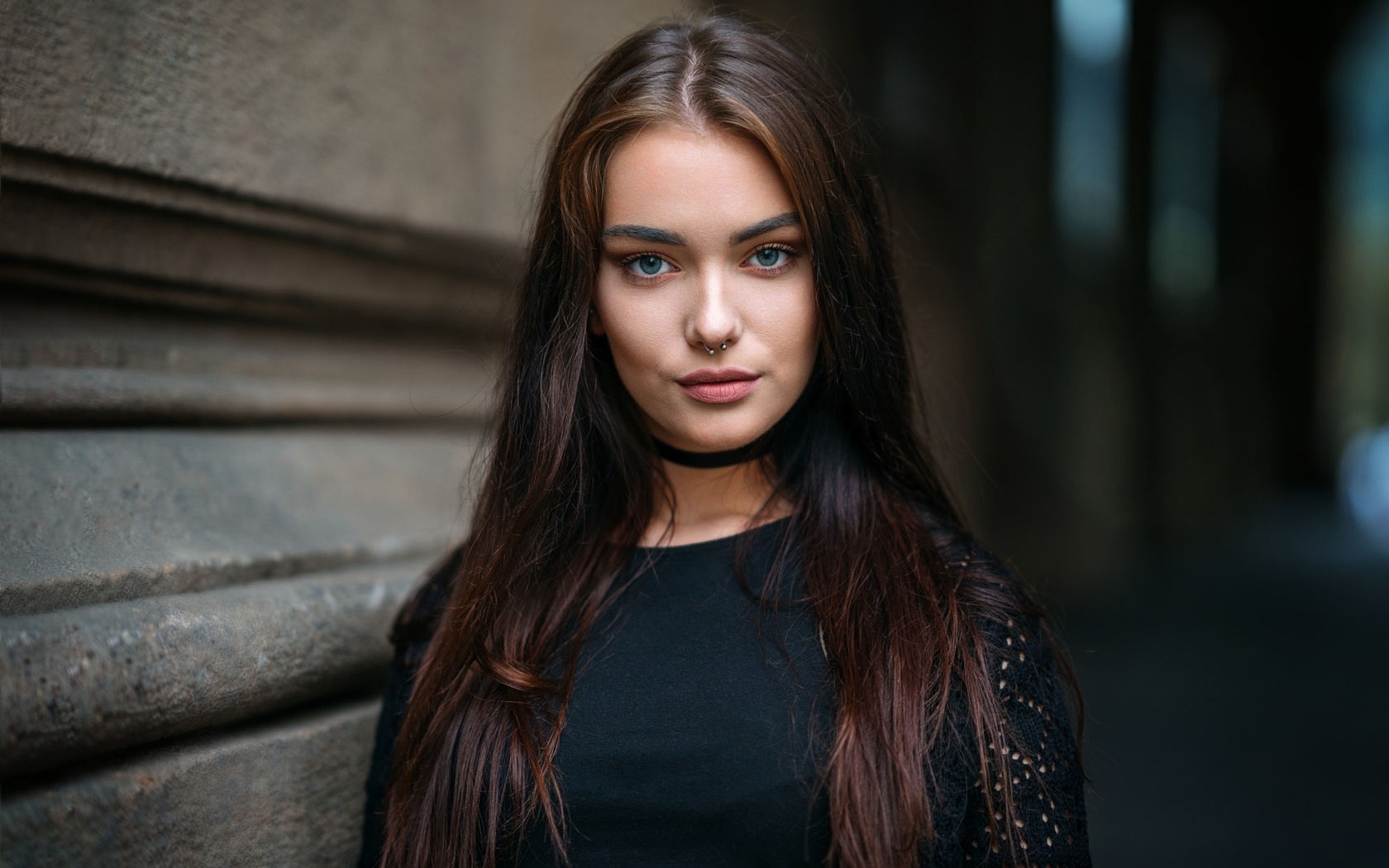 women, face, portrait, choker, nose rings, depth of field, blue eyes,  ,  ,  , , , ,  , , 