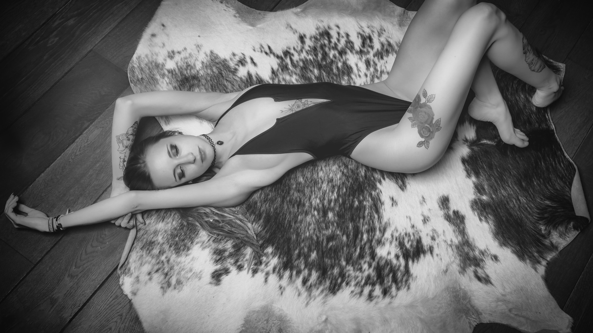 women, top view, lingerie, tattoo, wooden surface, lying on back, armpits, on the floor, choker, monochrome, , , ,  ,  , ,   ,  , , -,  