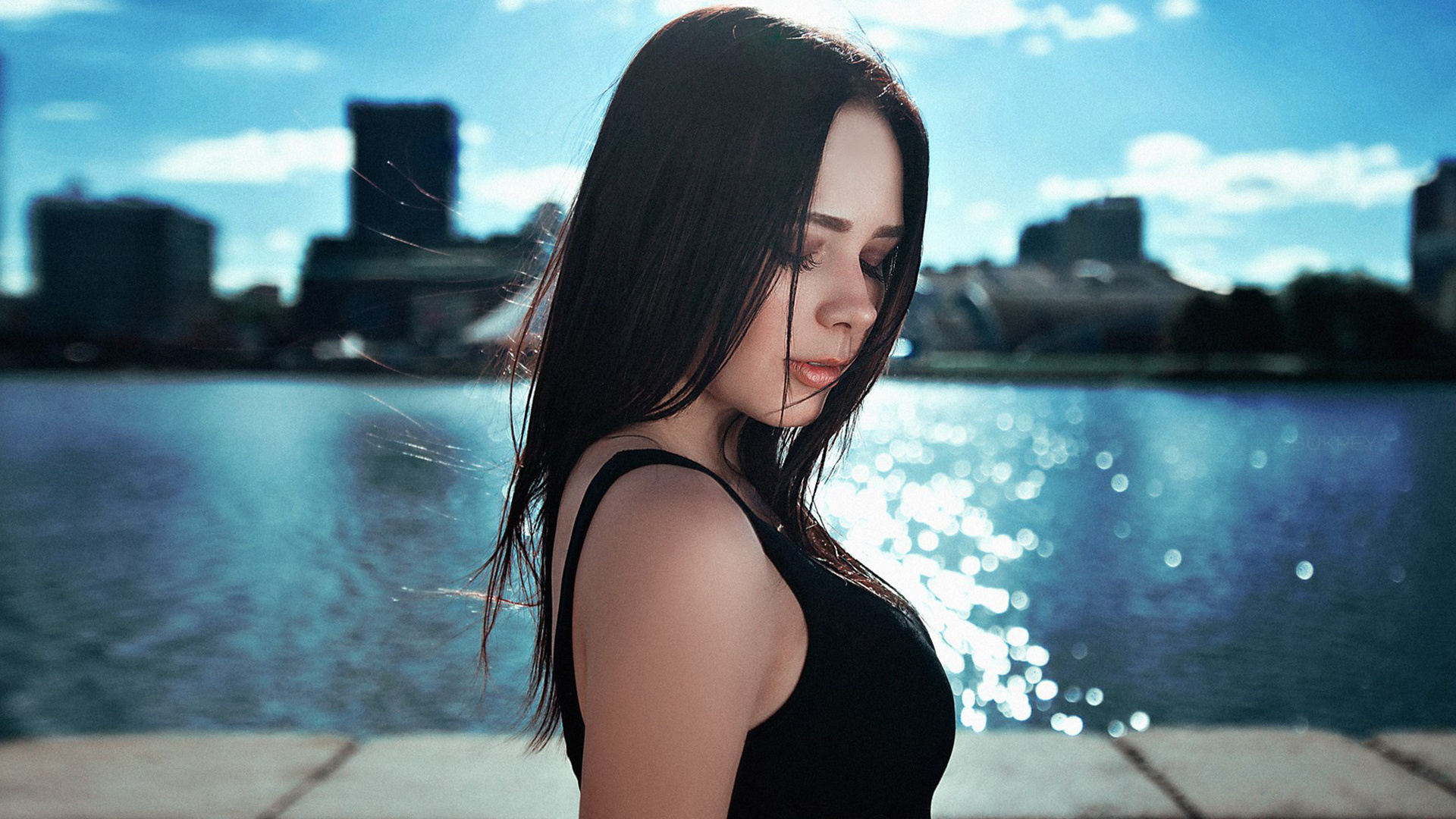 women, maria filippova, portrait, city, closed eyes, depth of field, women outdoors, ,  , , ,  ,   