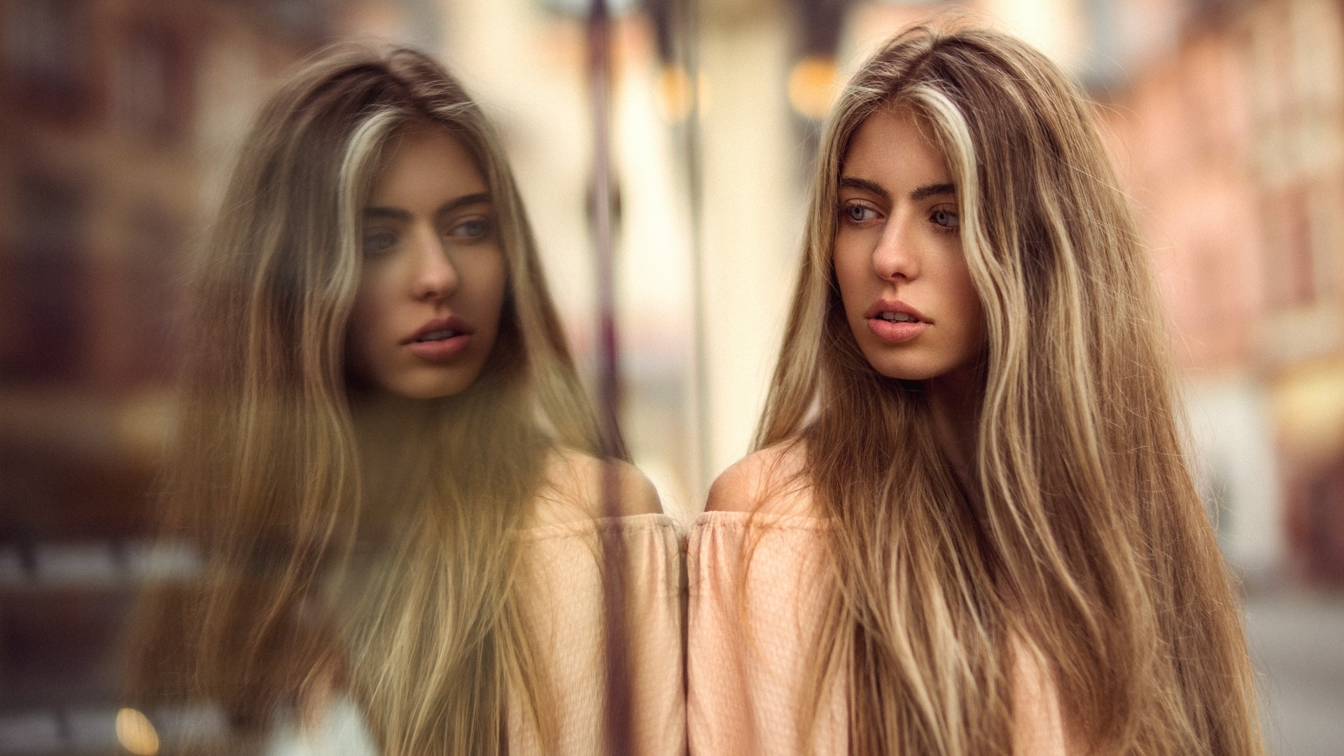 women, martin kuhn, blonde, long hair, glass, reflection, depth of field, portrait, , ,  , , , 