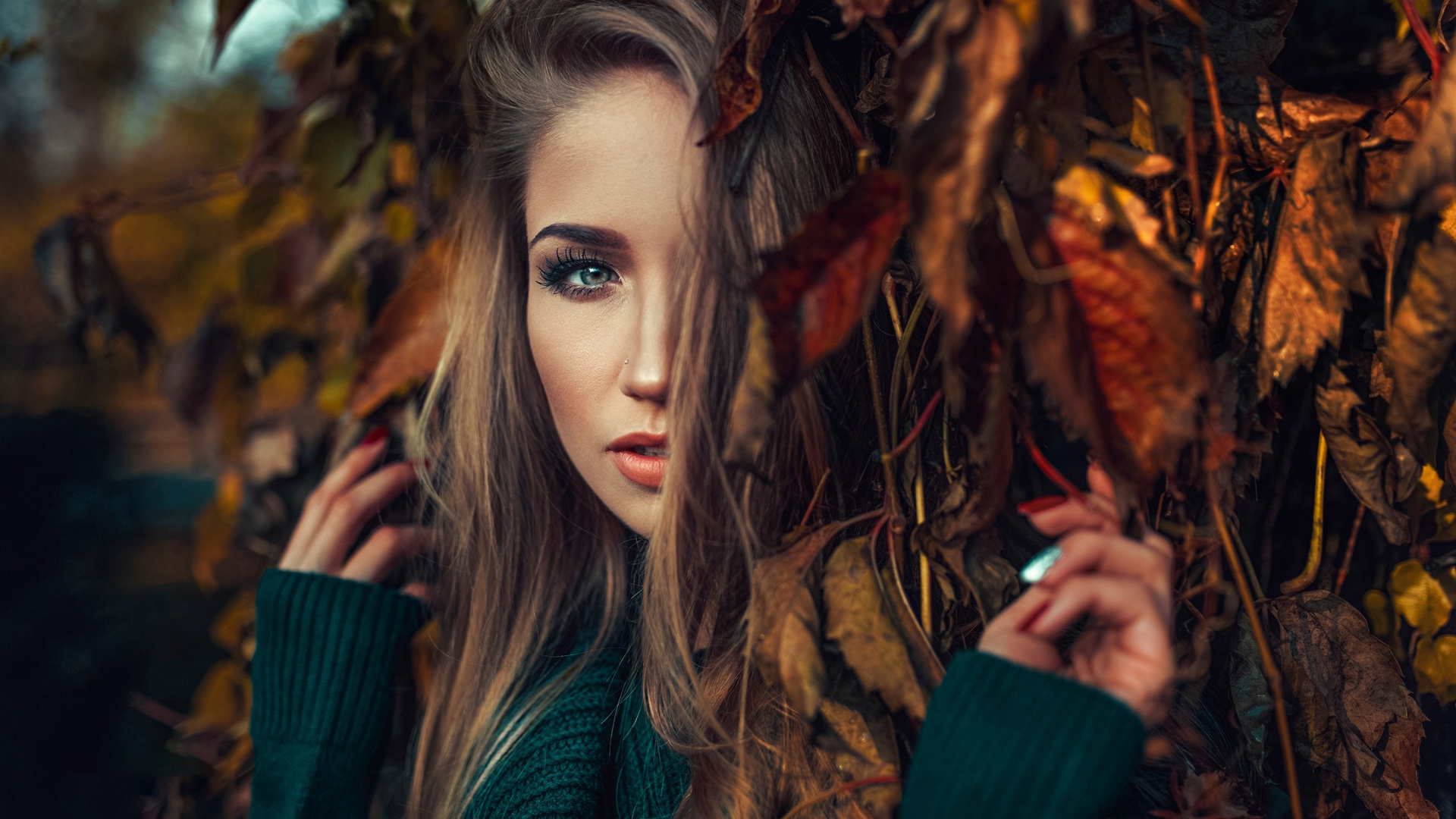 women, face, portrait, leaves, depth of field, , , , , 