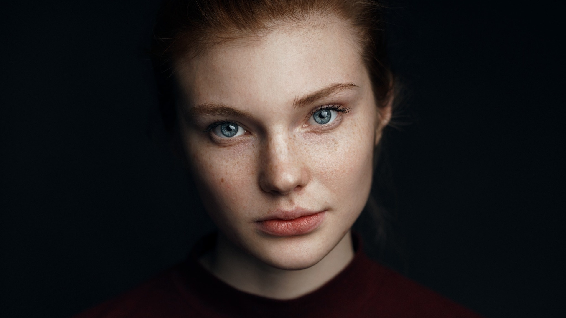 women, face, portrait, black background, blue eyes, freckles, , , ,  ,  , 