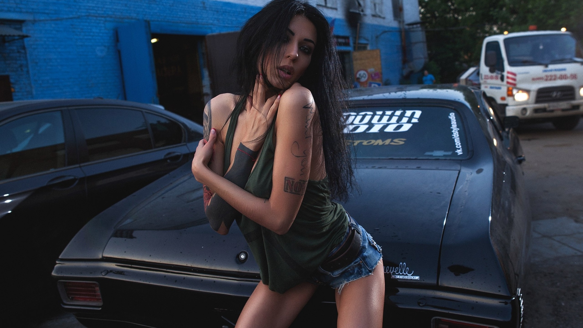 keri devilish, women, tanned, jean shorts, car, women outdoors, tattoo, arms crossed, ,  , ,   , ,  