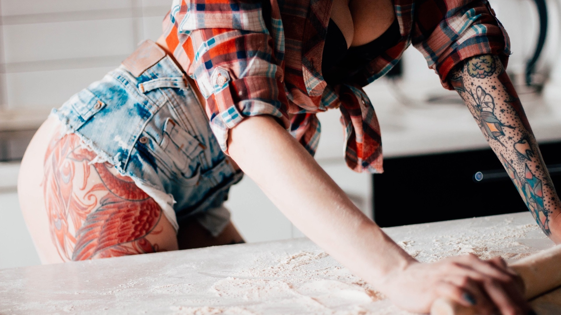 aliona awa, women, ass, jean shorts, shirt, tattoo, black bras, flour, boobs, kitchen, depth of field, , , , , , , ,  , ,  , , , , 