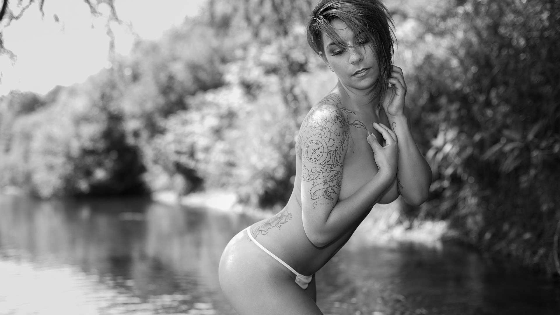 women, topless, monochrome, boobs, ass, panties, depth of field, tattoo, river, , , -, , , , , 