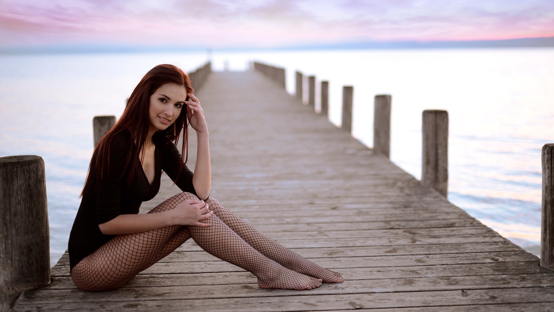 women, sitting, pier, women outdoors, fishnet stockings, smiling, leotard, , , ,   ,  , , , , , ,   