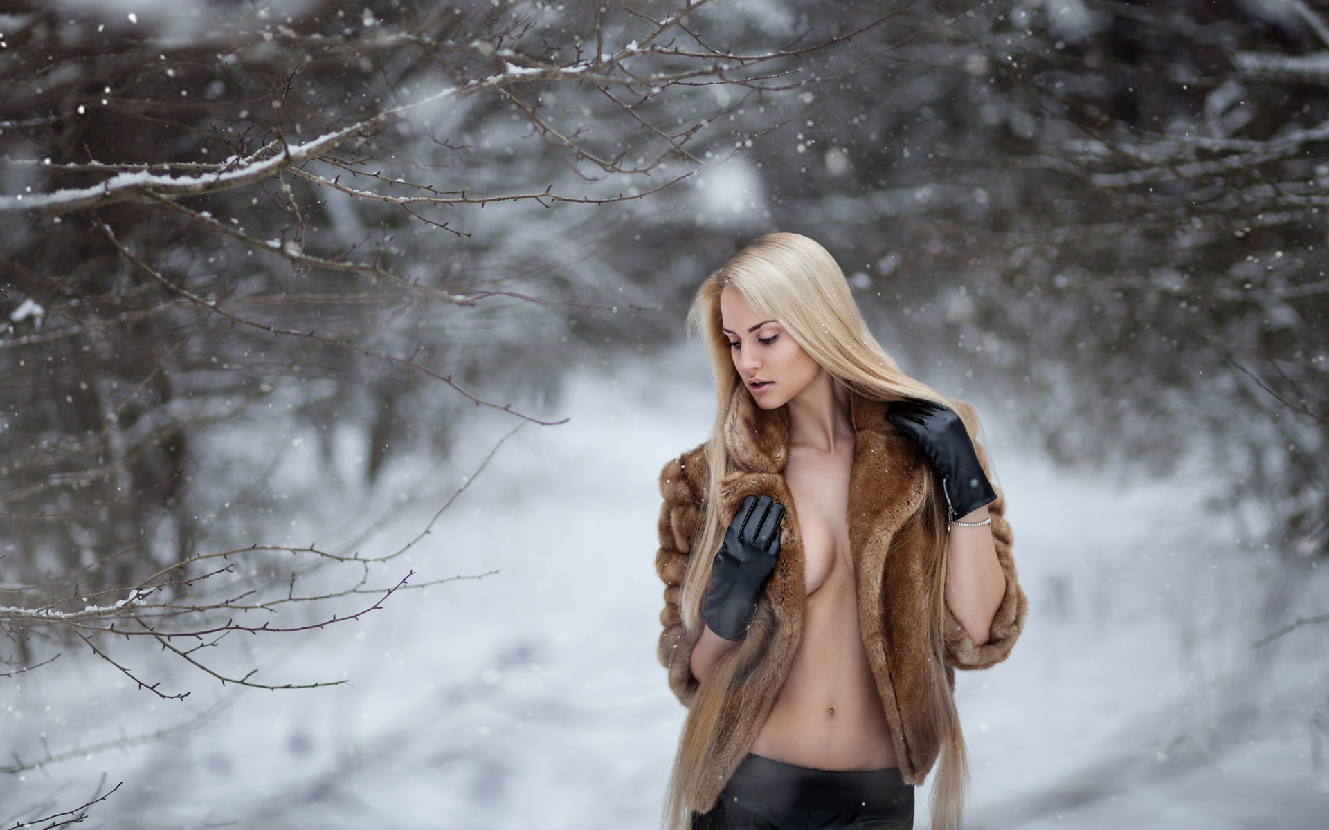 women, blonde, women outdoors, belly, boobs, gloves, snow, portrait, , ,   ,  , , , , , 