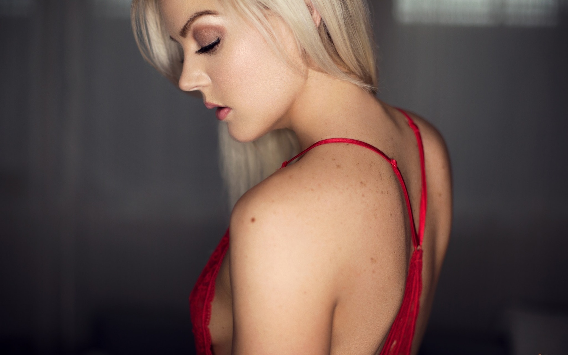 women, blonde, face, portrait, closed eyes, red lingerie, , , , ,  ,  