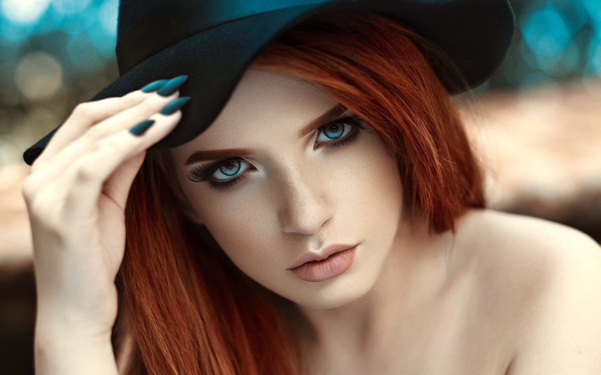 women, face, portrait, depth of field, painted nails, redhead, hat, blue eyes, , , , , ,  