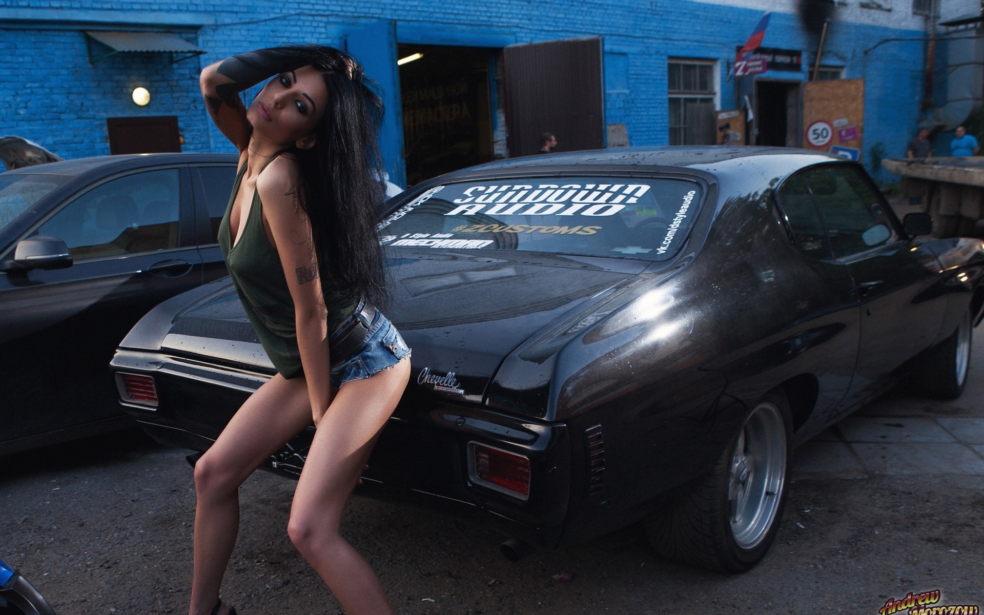 keri devilish, women, tanned, jean shorts, car, women outdoors, tattoo, nipple through clothing, , ,  , ,   , 