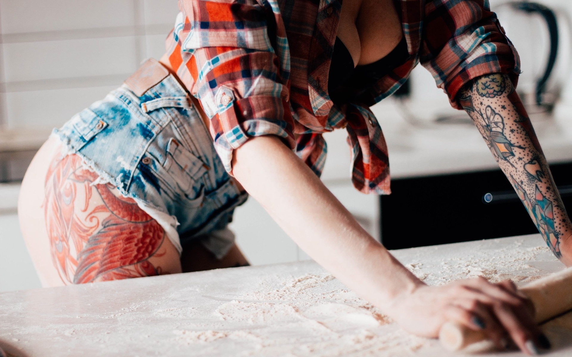 aliona awa, women, ass, jean shorts, shirt, tattoo, black bras, flour, boobs, kitchen, depth of field, , , , , , , ,  , ,  , , , , 