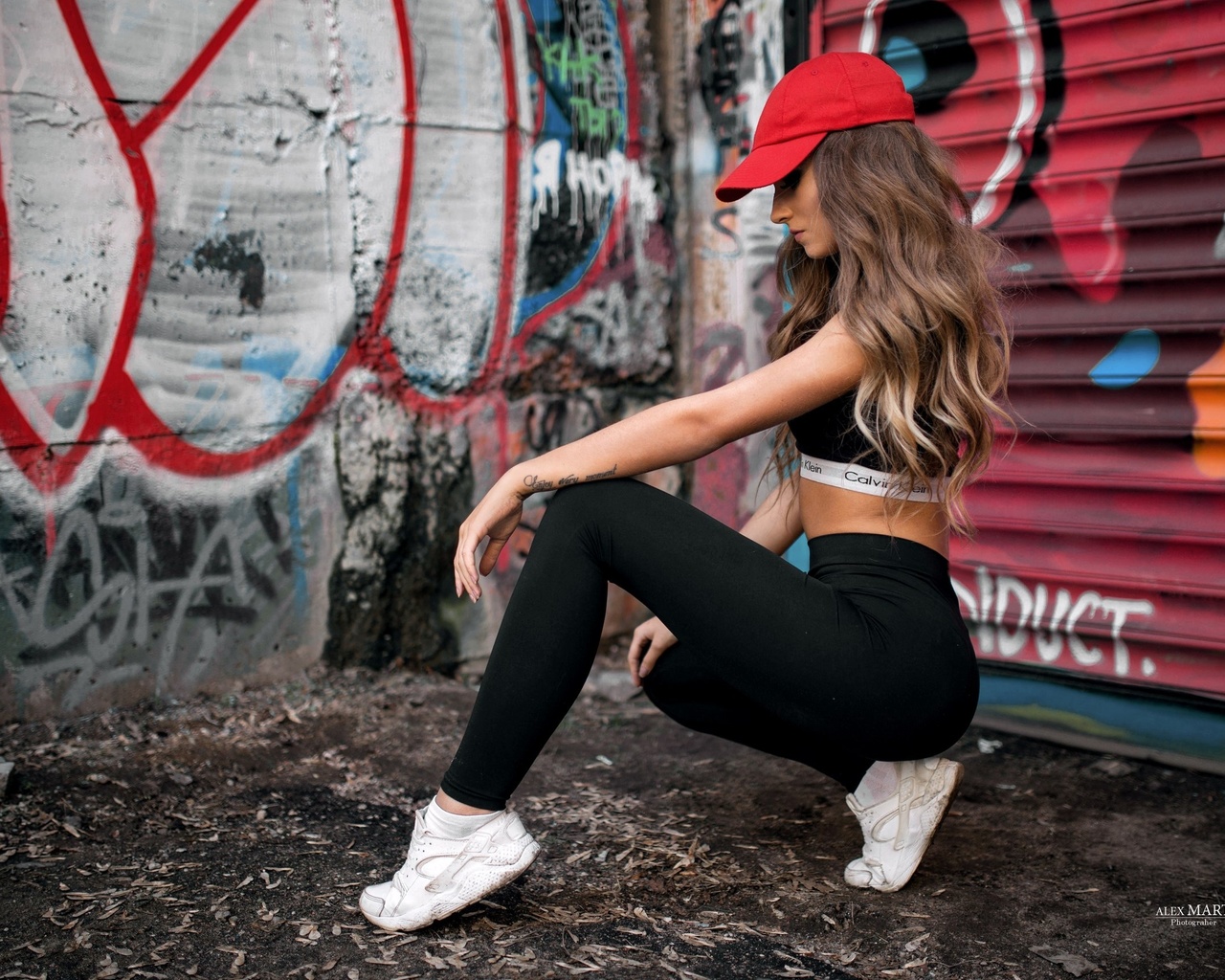 aleksandra taranova, women, calvin klein, portrait, sportswear, yoga pants, sports bra, tanned, graffiti, sneakers, baseball caps, long hair, squatting, ass,  , , ,  ,  , , ,