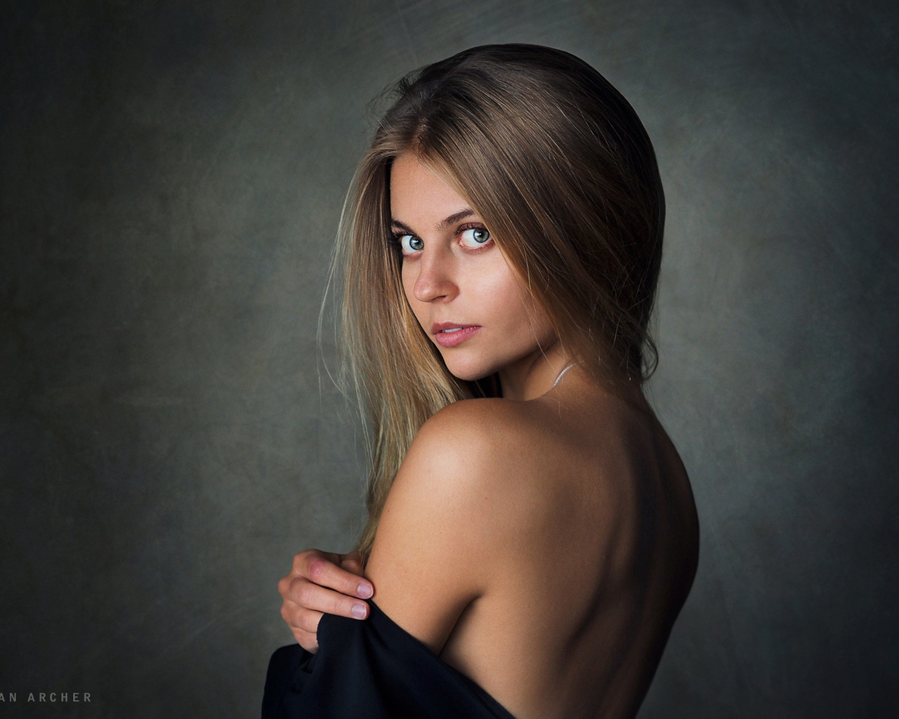 women, sean archer, bare shoulders, portrait, blonde, simple background, , , ,  , ,  