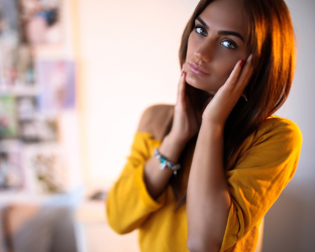 aniuta minailova, women, tanned, portrait, face, hand on face, depth of field, room, red nails,  , , , , , ,   , ,  