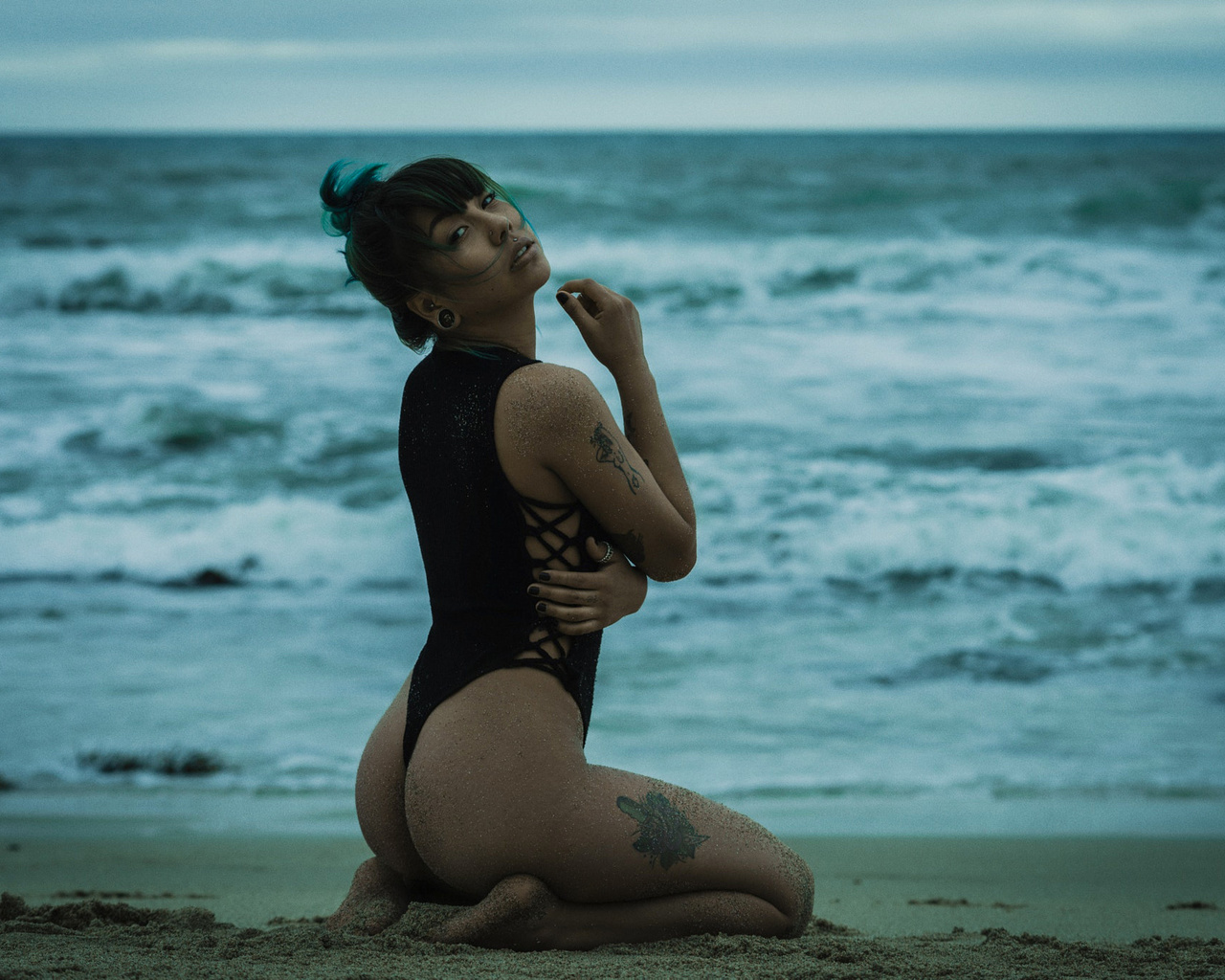 women, tanned, one-piece swimsuit, ass, sand, sea, women outdoors, tattoo, kneeling, dyed hair, painted nails, pierced nose, ,  , , , , ,   , ,   , , 