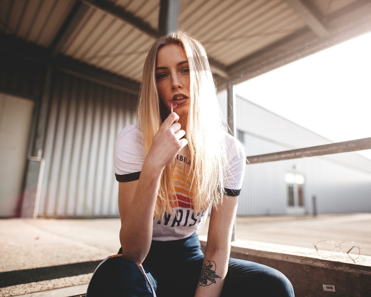 women, blonde, portrait, t-shirt, lollipop, sitting, tattoo, , , ,   , , , , 