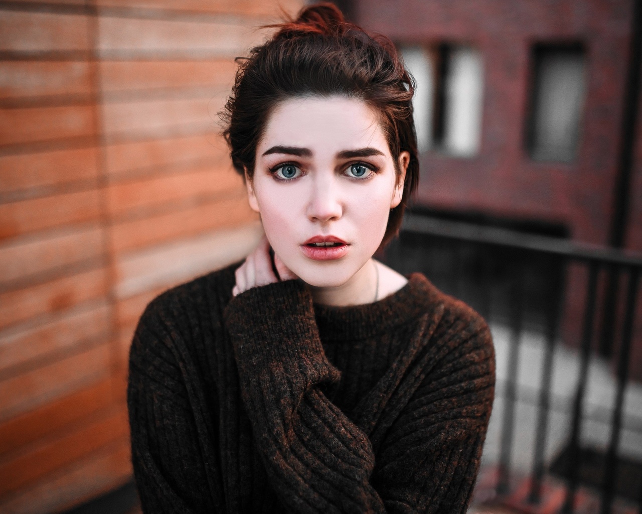 women, face, portrait, depth of field, sweater, blue eyes, , , , , ,  