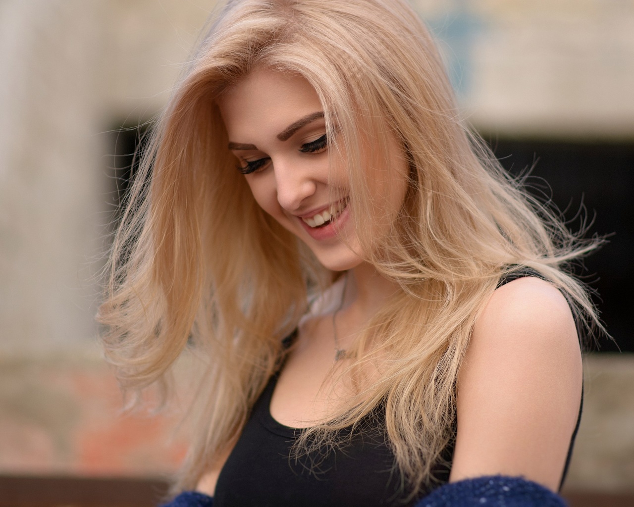 olia gedz, women, blonde, face, portrait, smiling, eyeliner, depth of field, , , , , 