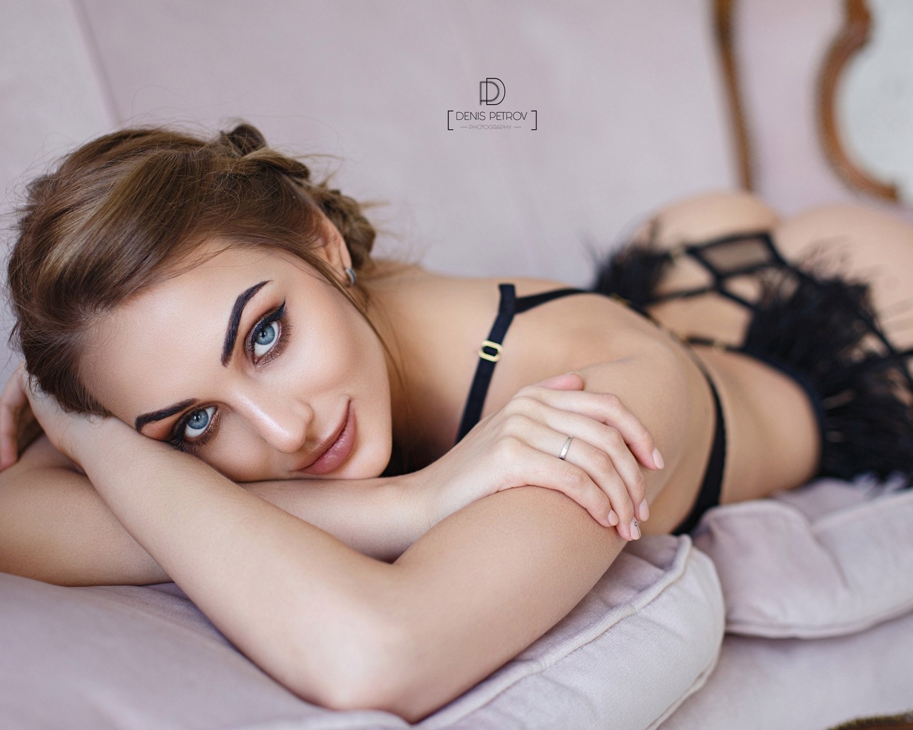 women, black lingerie, denis petrov, lying on front, brunette, couch, garter belt, ass, smiling, blue eyes, ,  ,  ,   , , , , , , ,  